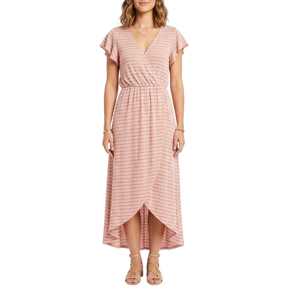 Caution to the Wind Womens Wrap Dress Striped Flutter Sleeve Blush Pink Size M